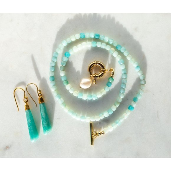 Turquoise Amazonite Gemstone Necklace Gold Toggle Clasp Removable Baroque Pearl - Picture 8 of 12
